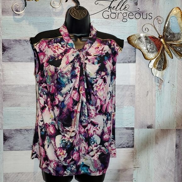 Worthington Sz M Purple Watercolor Floral Print Sleeveless Blouse Shell Career - Picture 3 of 9